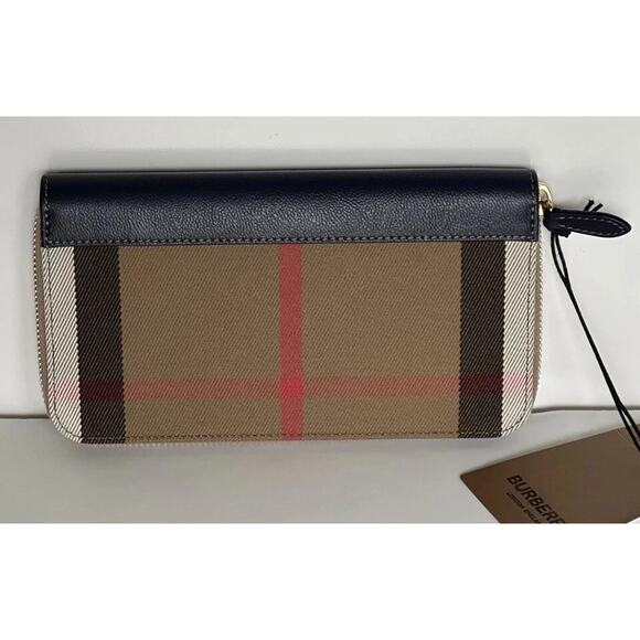 BURBERRY BLUE LEATHER TRIM ICON CHECK CANVAS ZIP AROUND CONTINENTAL WALLET $630 - Picture 1 of 12